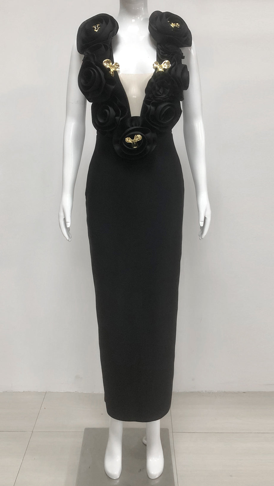 RUFFLED TOP WITH GOLD ACCENTS MAXI DRESS