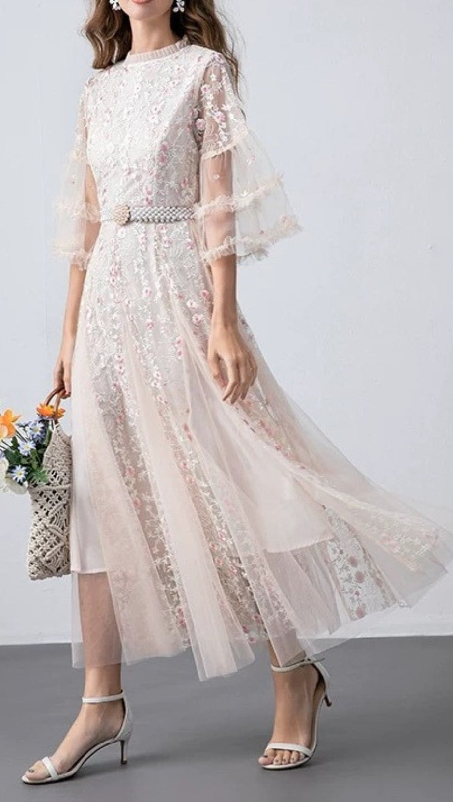 FLOWER MESH MIDI DRESS IN APRICOT