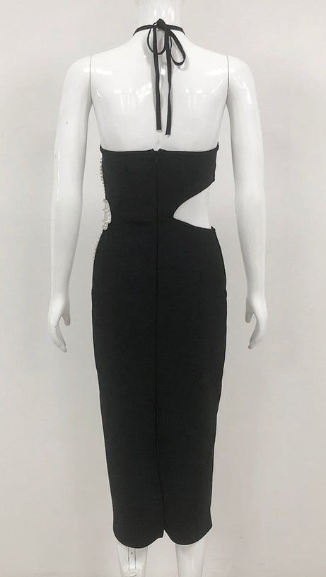 ATHENA FLORAL APPLIQUÉ CUTOUT HALTER MIDI DRESS IN BLACK