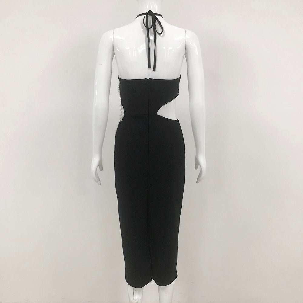 AIIZIE ATHENA FLORAL APPLIQUÉ CUTOUT HALTER MIDI DRESS IN BLACK - product image