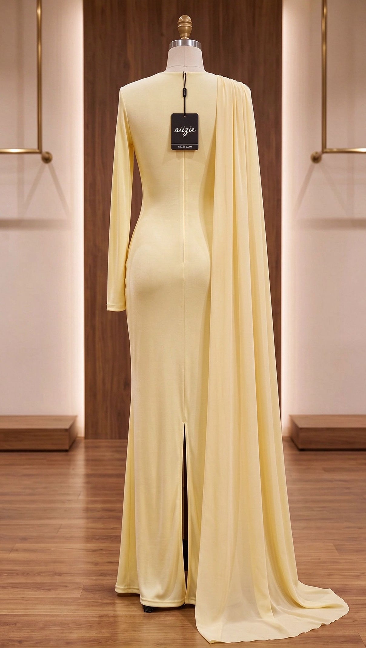 Pale Yellow Fine Stretch Knit Column Evening Gown with Asymmetric Draped Cape