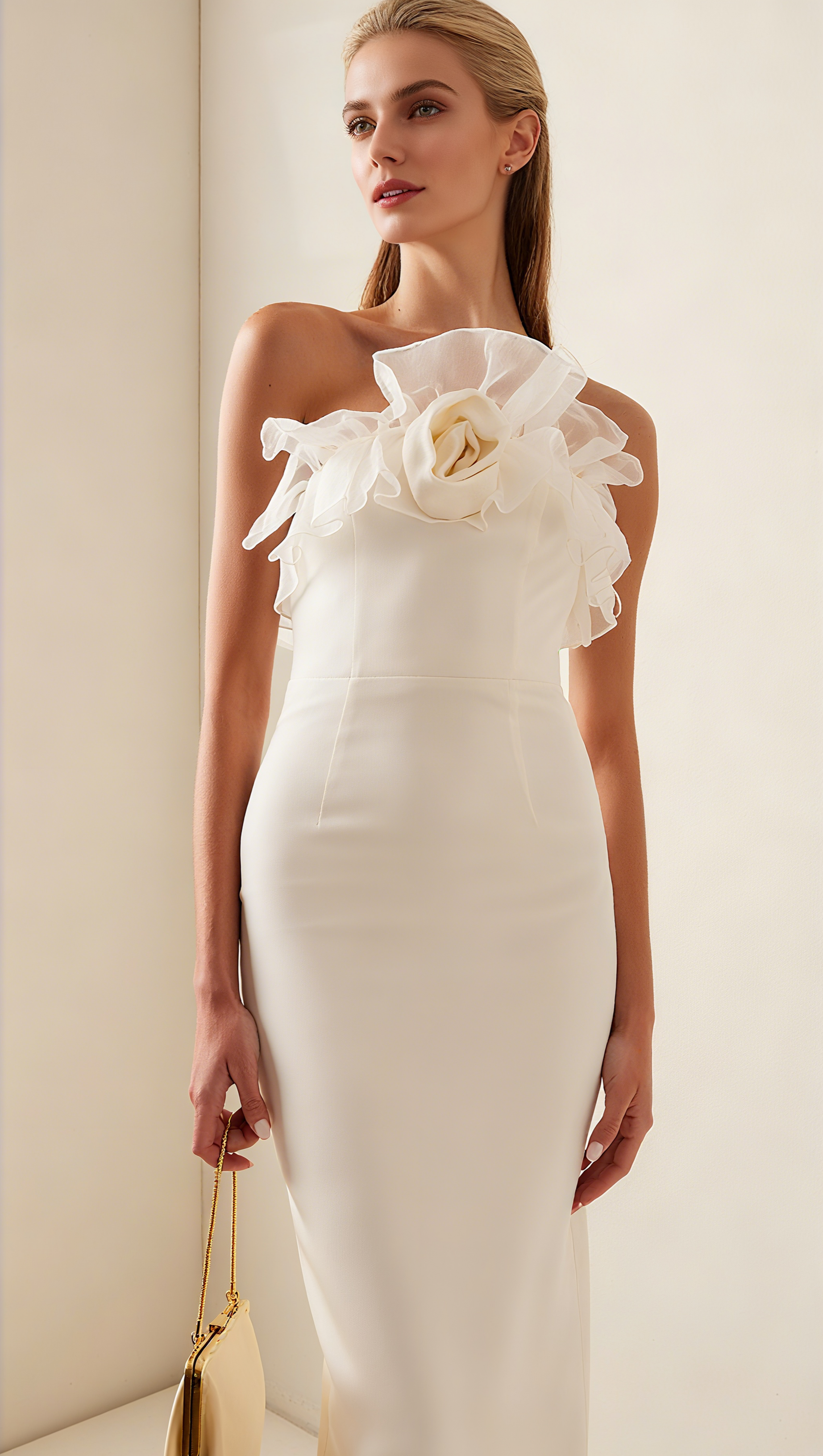 ABITO MIDI SENZA SPALLINE IN SETA CON VOLANT BEIGE