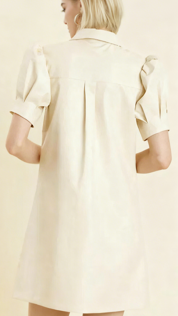 AIIZIE WHITE LAPEL COLLAR LEATHER PUFF SLEEVES MINI DRESS - product image