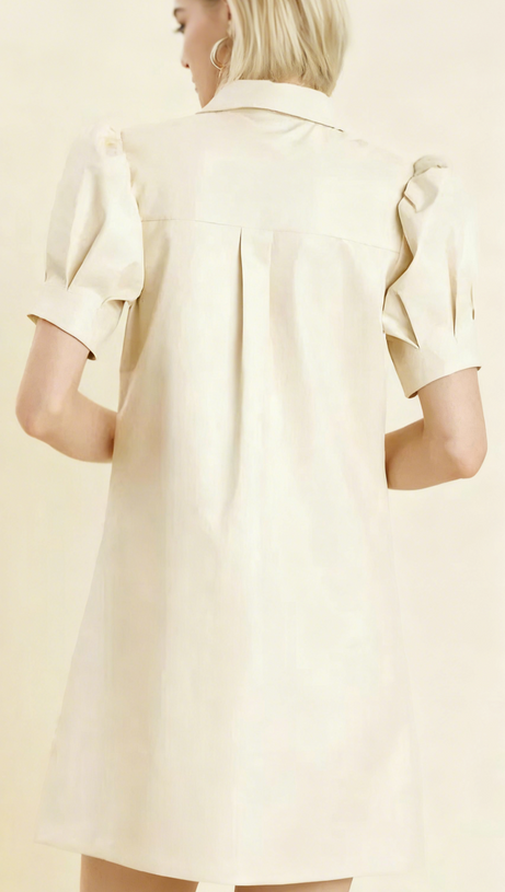 WHITE LAPEL COLLAR LEATHER PUFF SLEEVES MINI DRESS