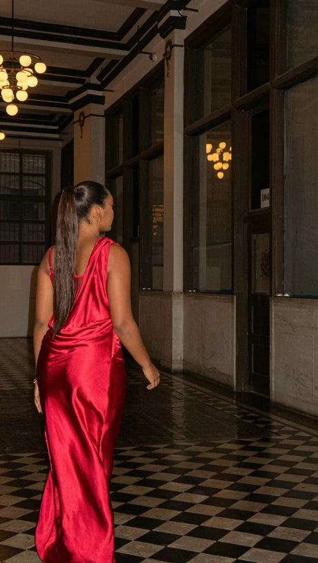 RED ANASTACIA DRAPE MAXI DRESS