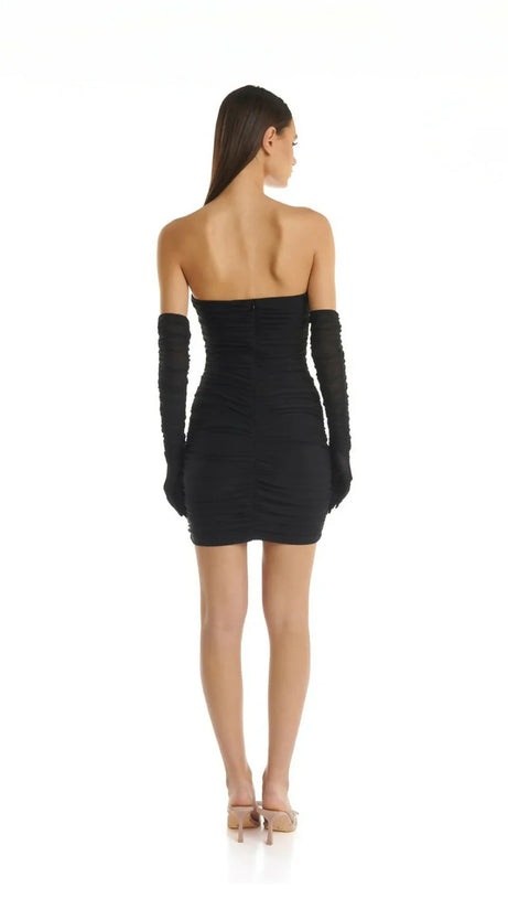 HOLLOWED-OUT EMBELLISHMENTS WITH WHITE ROSES MINI DRESS BLACK