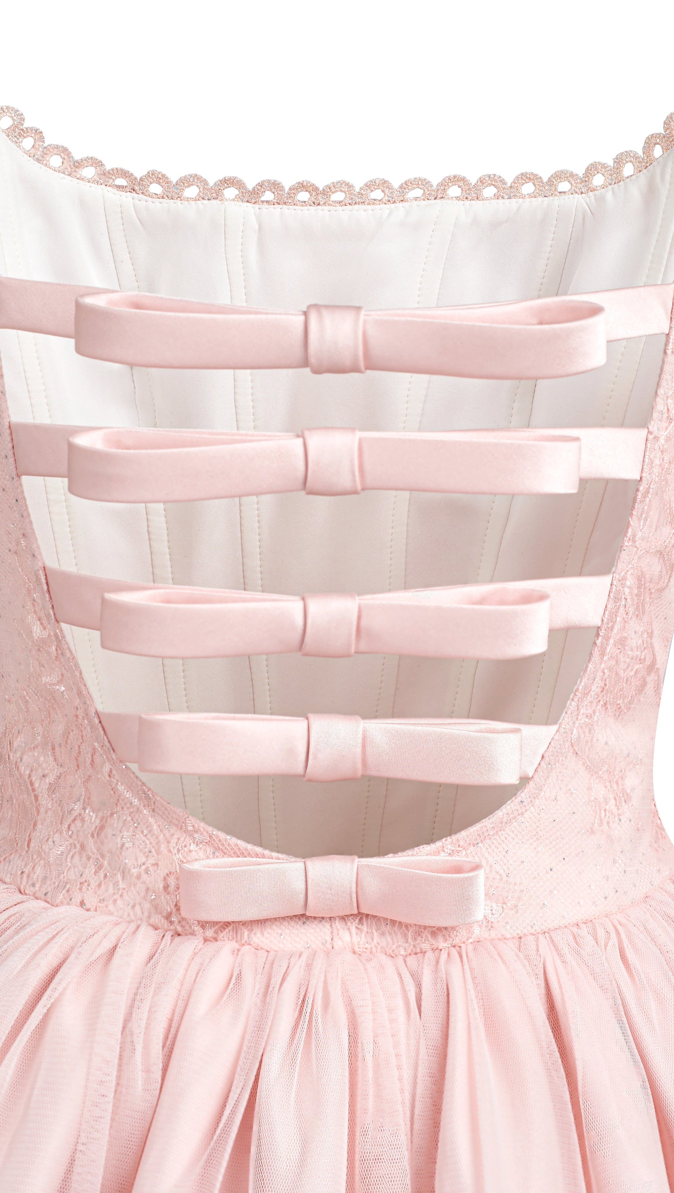 MINI ABITO SCOLLO A SCHIENA CON FIOCCO IN PIZZO CELESTE ROSA