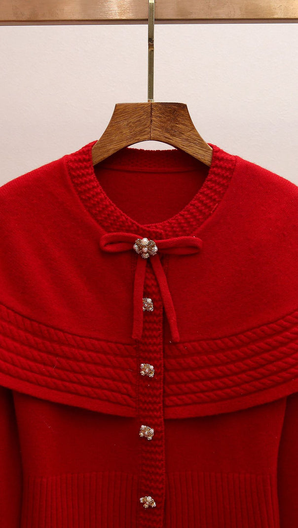 AIIZIE Jadyn Red Bow Cape Sweater Cardigan - Chic & Cozy Statement Knit for Women - product image