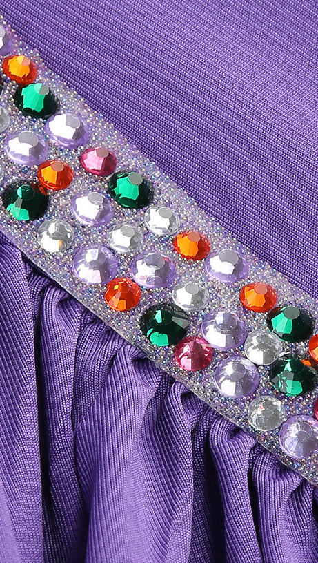 MULTICOLOR-PEARL EMBELLISHED PURPLE HALTER MAXI DRESS