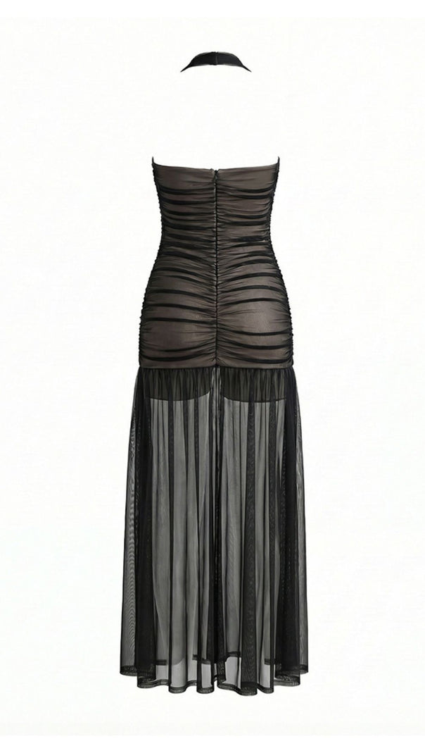 AIIZIE Jadzia Black Halter Ruched Mesh Maxi Dress – Elegant Evening Gown for Special Occasions - product image