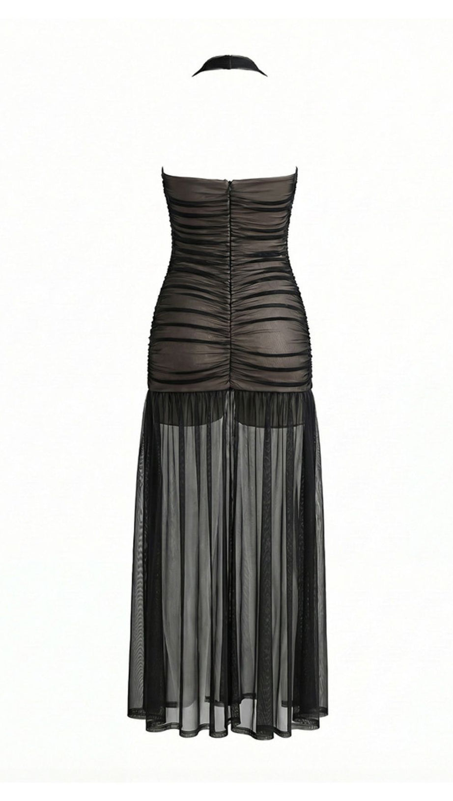 Jadzia Black Halter Ruched Mesh Maxi Dress – Elegant Evening Gown for Special Occasions