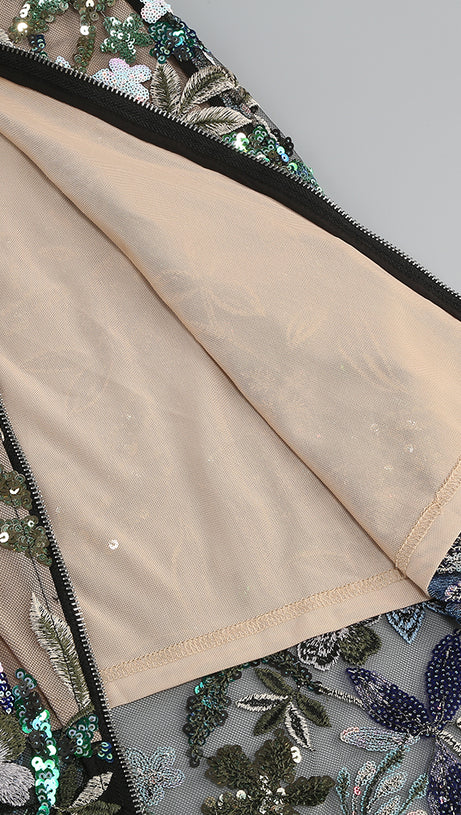 STRAPLESS DAHLIA SEQUINS EMBROIDERED MAXI DRESS GREEN