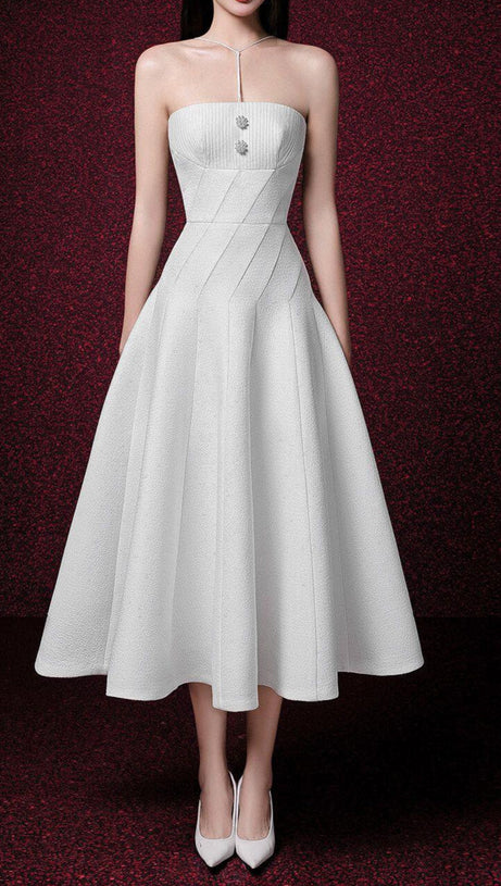 OFF-SHOULDER SLEEVELESS JACQUARD MIDI DRESS IN APRICOT