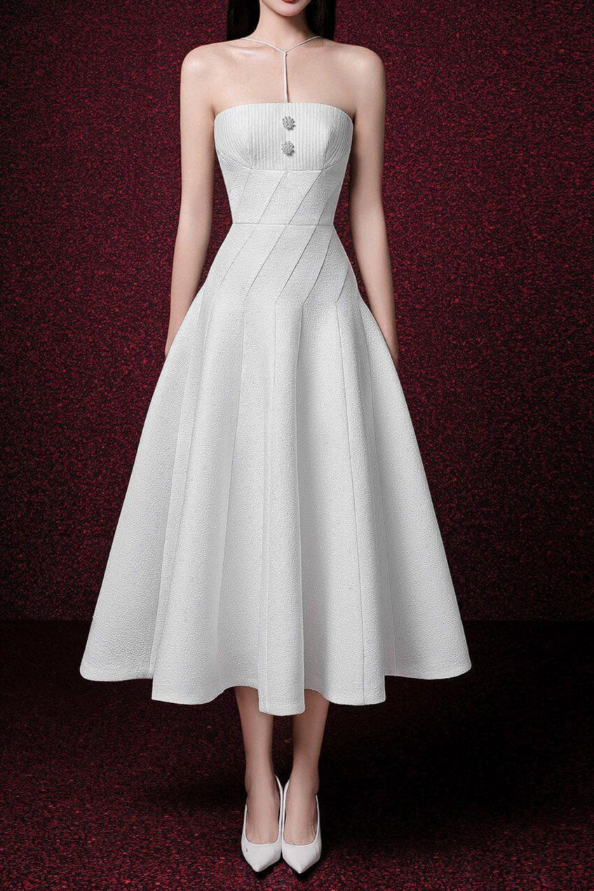 OFF-SHOULDER SLEEVELESS JACQUARD MIDI DRESS IN APRICOT