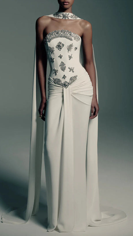 White Strapless Corset Evening Gown with Cape