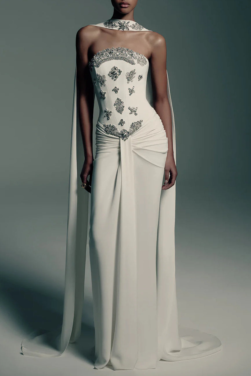 White Strapless Corset Evening Gown with Cape