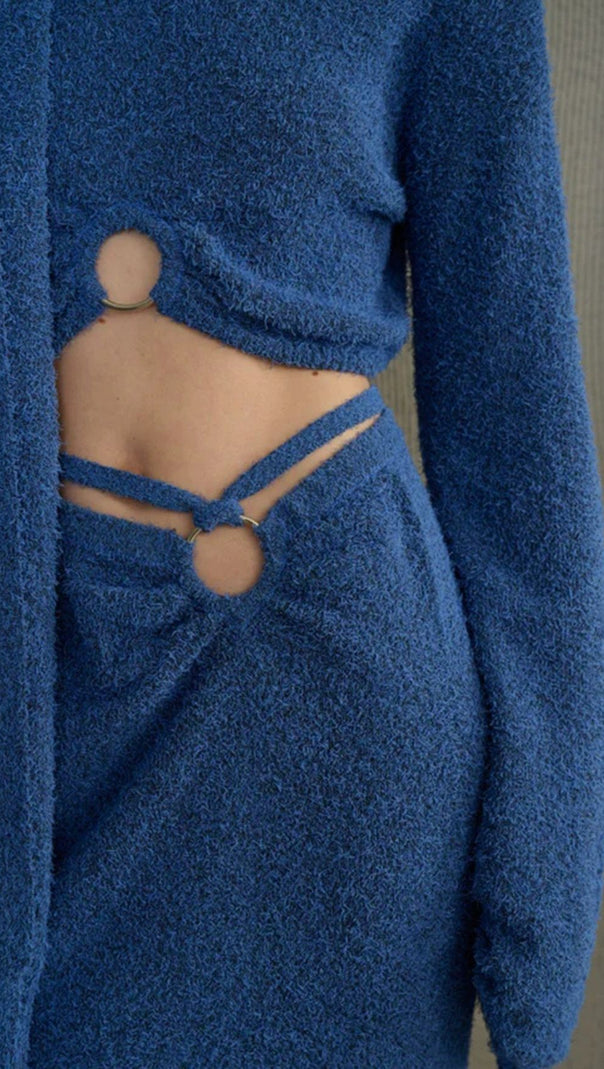 AIIZIE HOSHIKO CHIC BLUE KNIT 3-PIECE SET: CROP TOP, SLIT MIDI SKIRT & SCARF - product image