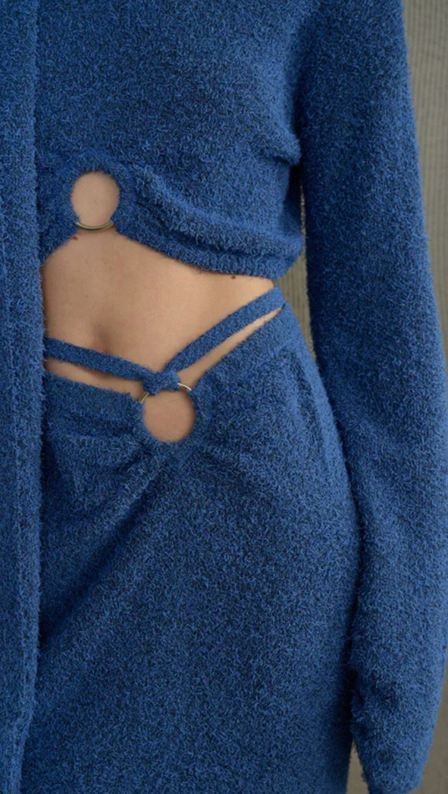 HOSHIKO CHIC BLUE KNIT 3-PIECE SET: CROP TOP, SLIT MIDI SKIRT & SCARF