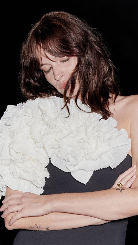 WHITE FLOWER EMBELLISHED STRAPLESS BLACK  MIDI DRESS