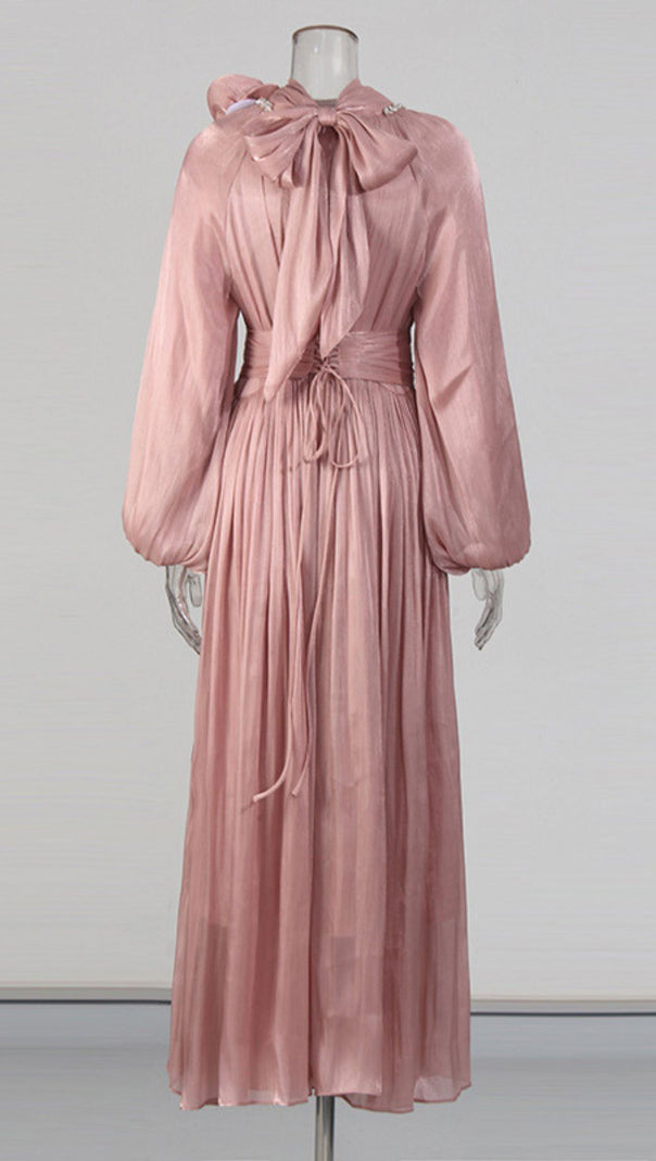 AIIZIE Juhani Rose Pleated Satin Maxi Dress - Elegant Long Sleeve Gown - product image