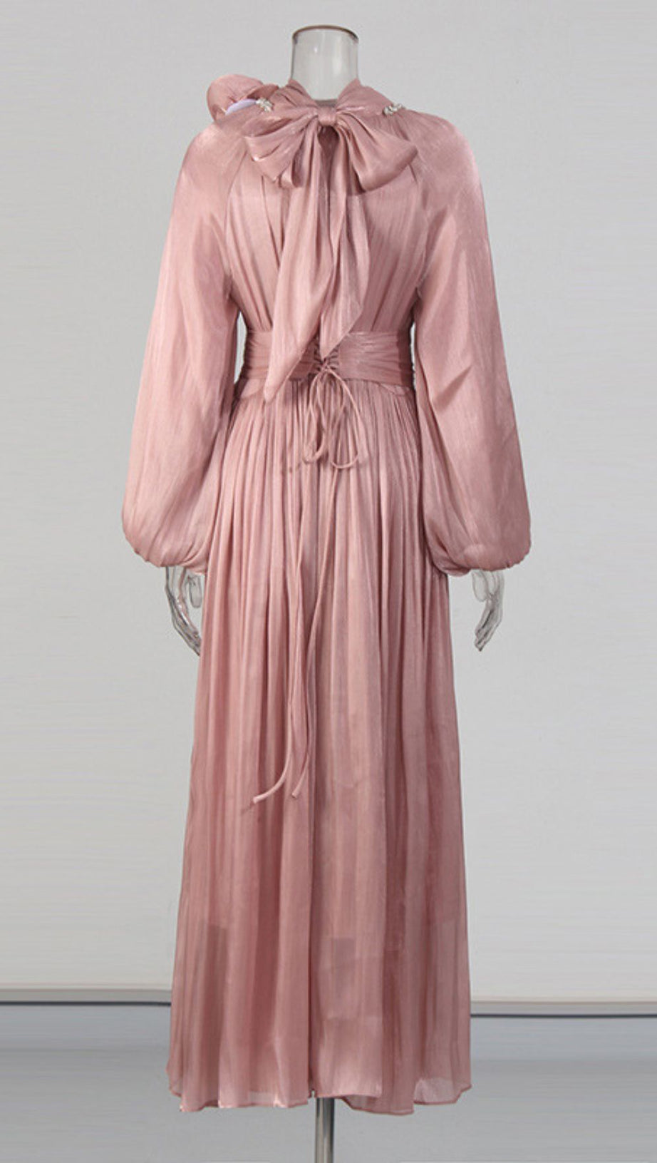 Juhani Rose Pleated Satin Maxi Dress - Elegant Long Sleeve Gown