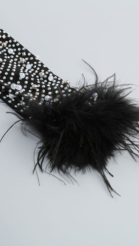 AMANDA RHINESTONE EMBELLISHED FEATHER TRIM BLACK MIDI DRESS