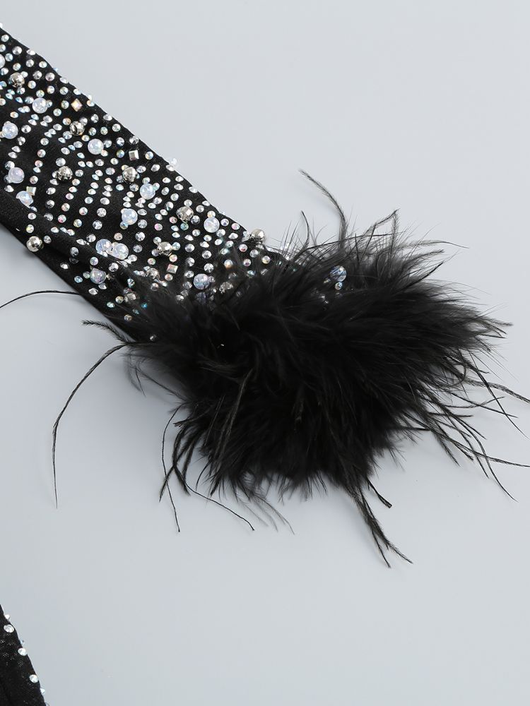 AIIZIE AMANDA RHINESTONE EMBELLISHED FEATHER TRIM BLACK MIDI DRESS - product image