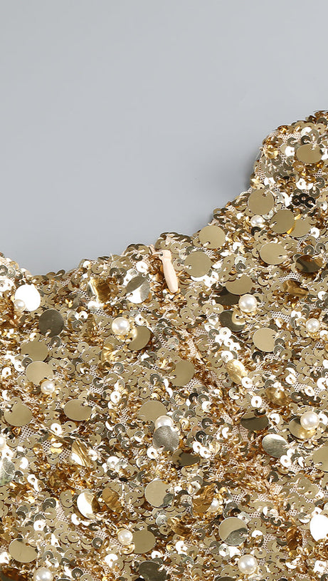 Langärmliges Maxikleid mit Pailletten in Gold