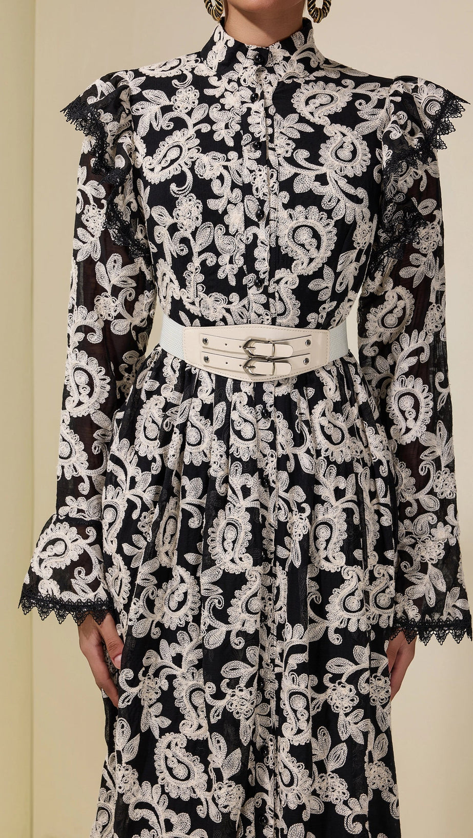 alma Chiffon Embroidered Single Breasted Midi Dress With Belt - black