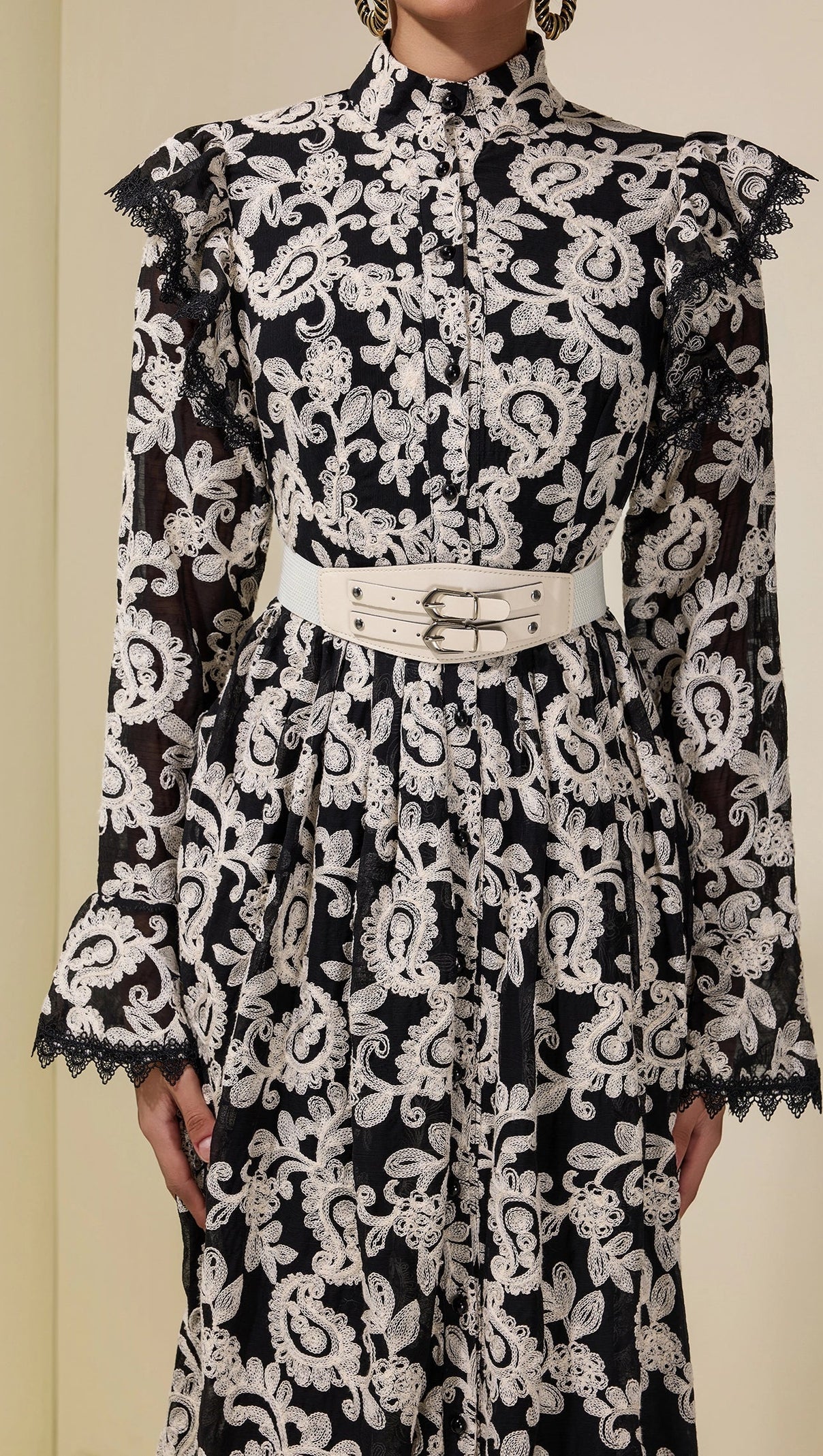 Alma Chiffon Embroidered Single Breasted Midi Dress with Belt - Black
