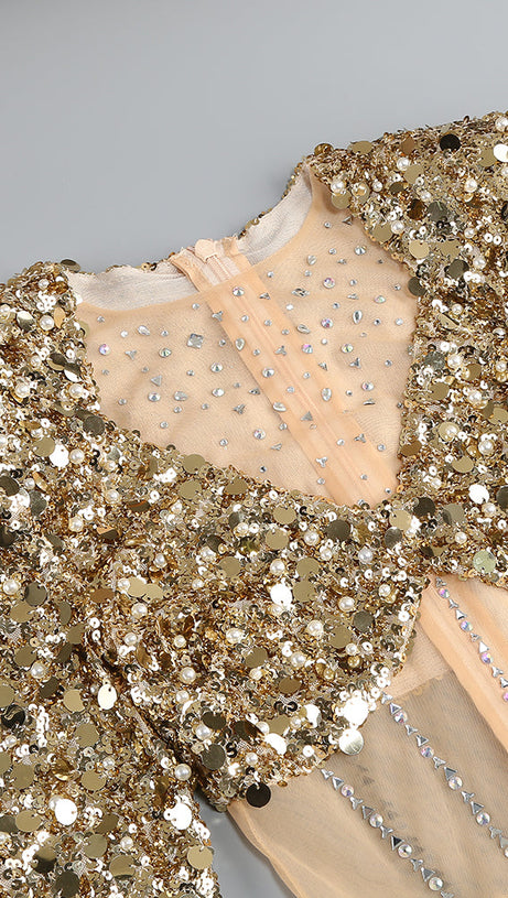 Langärmliges Maxikleid mit Pailletten in Gold