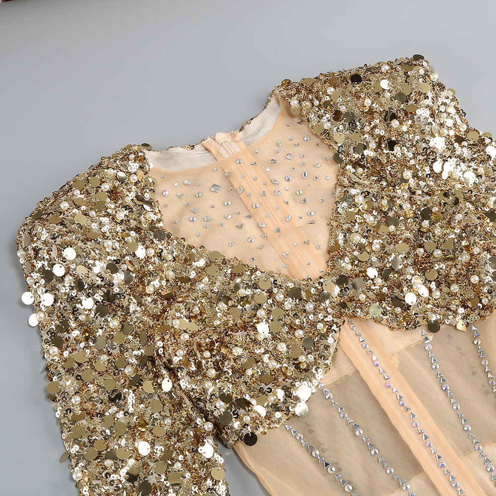 AIIZIE SEQUIN LONG SLEEVE MAXI DRESS IN GOLD - product image