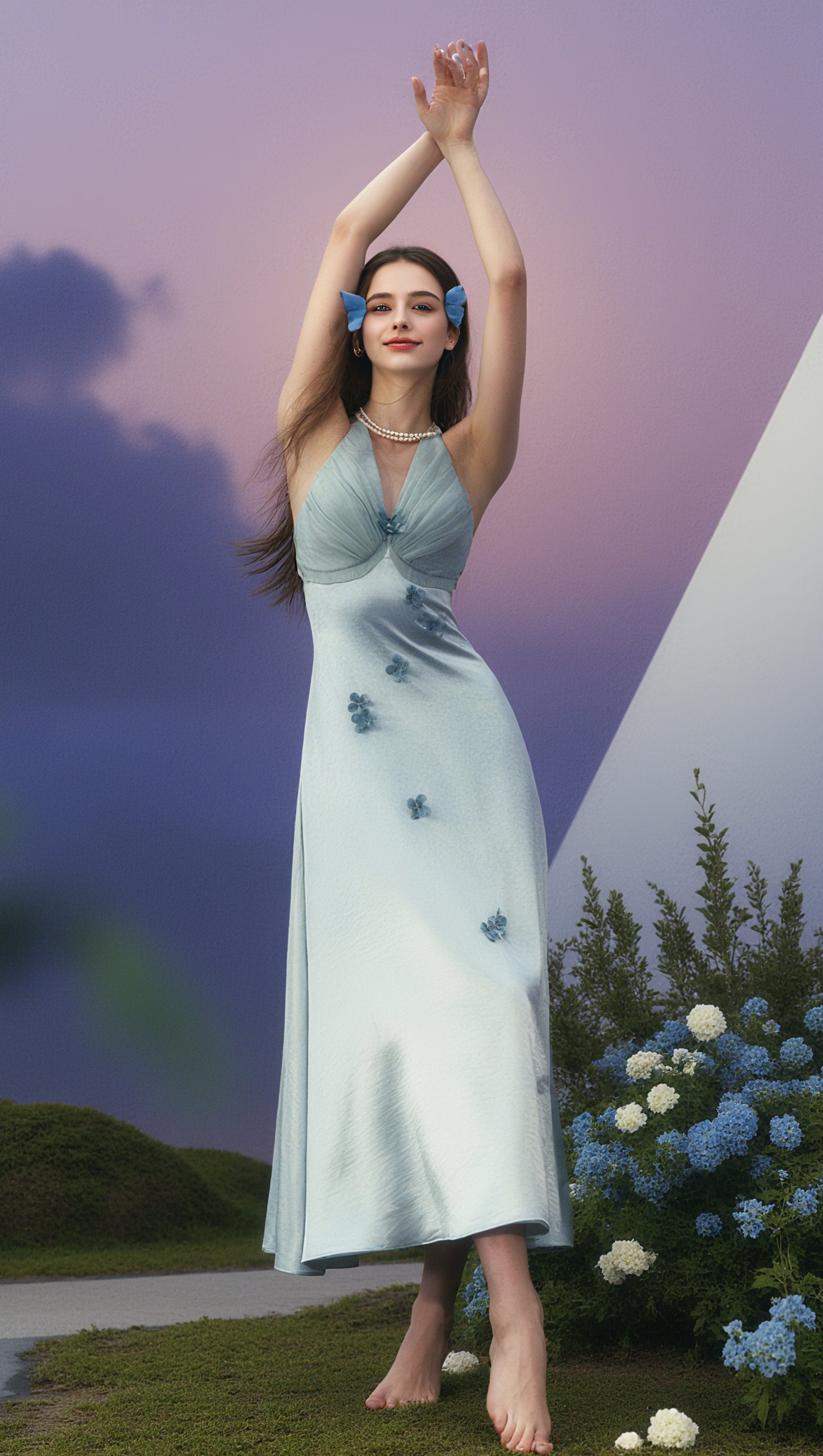 AIIZIE BUTTERFLY PRINCESS HALTER MIDI DRESS IN LIGHT BLUE - product image
