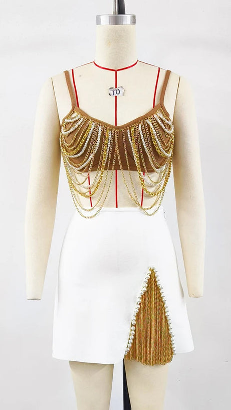 MIRIAM KHAKI METAL PEARL CHAIN TASSEL MINI SKIRT SET