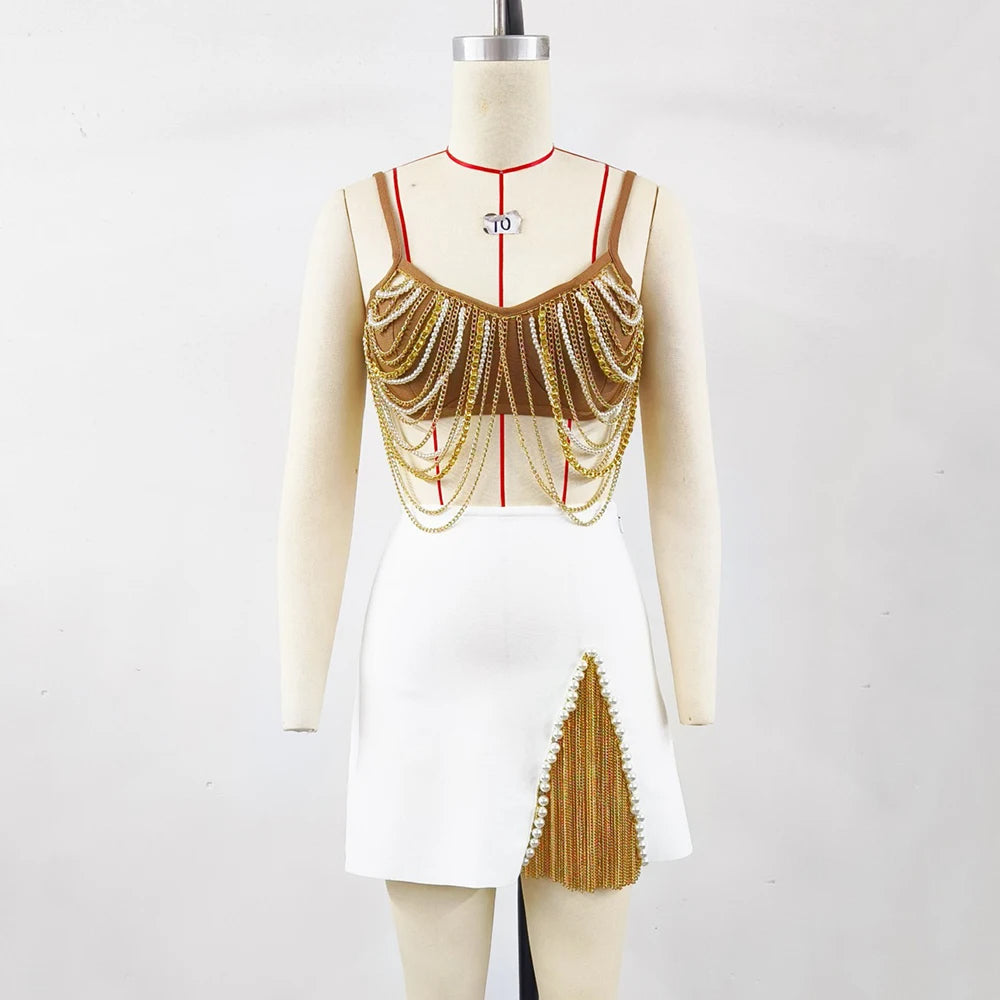 AIIZIE MIRIAM KHAKI METAL PEARL CHAIN TASSEL MINI SKIRT SET - product image