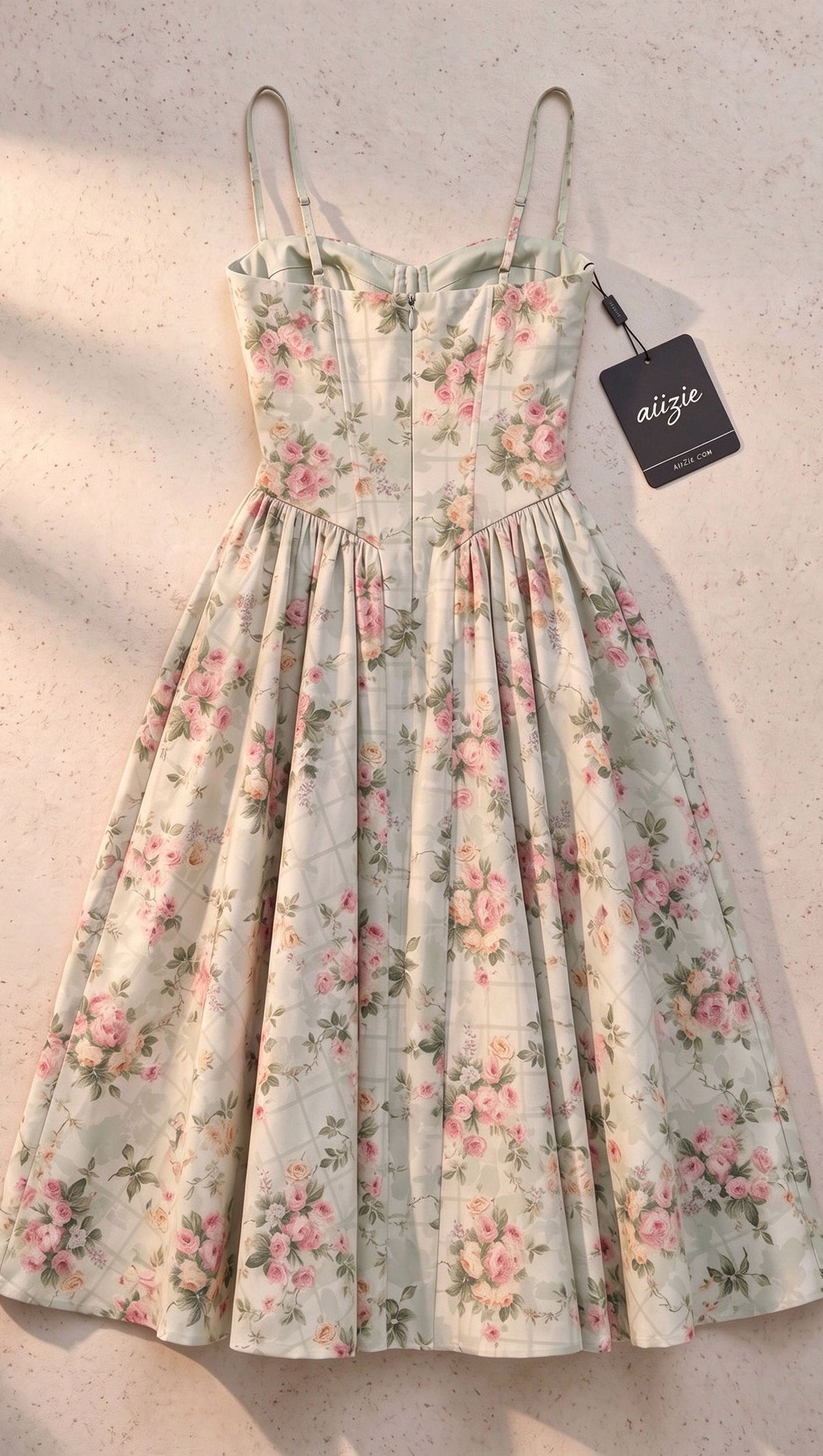 Pale Sage Green Structured Woven Cotton or Jacquard Fit-and-Flare Dress