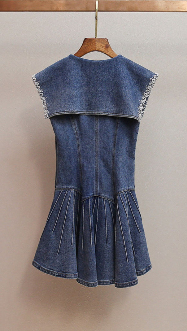 AIIZIE HAVIKA WOMEN'S EMBELLISHED SAILOR COLLAR DENIM MINI DRESS WITH PLEATED SKIRT - product image