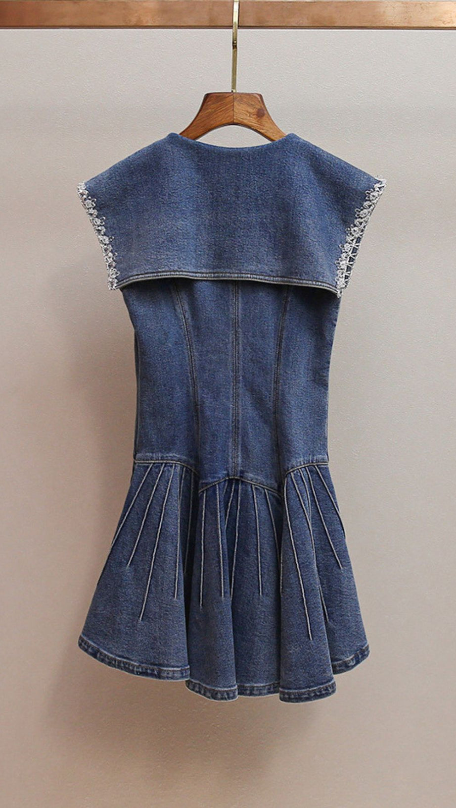 HAVIKA WOMEN'S EMBELLISHED SAILOR COLLAR DENIM MINI DRESS WITH PLEATED SKIRT