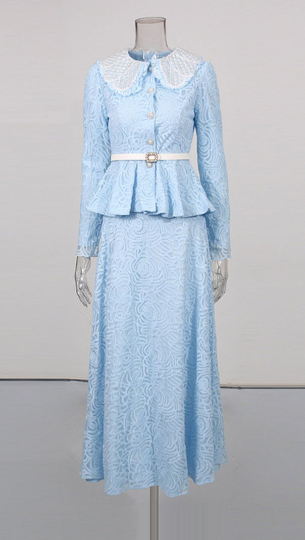 AIIZIE ILONA BLUE ELEGANT FLORAL LACE PEPLUM TWO-PIECE SKIRT SET - product image