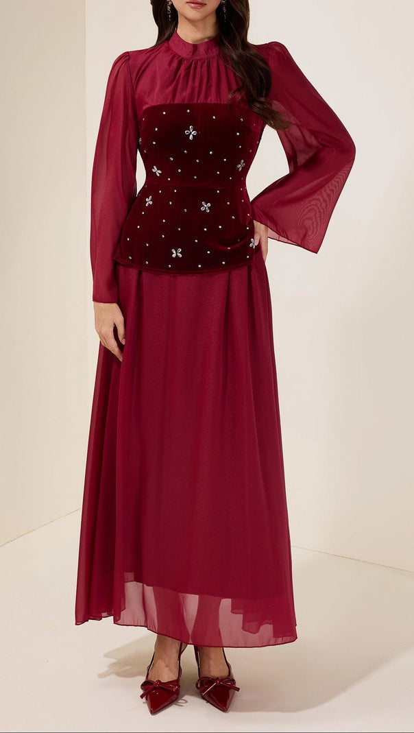 caroline Strass-Samt-Spleiß Maxikleid - Burgund