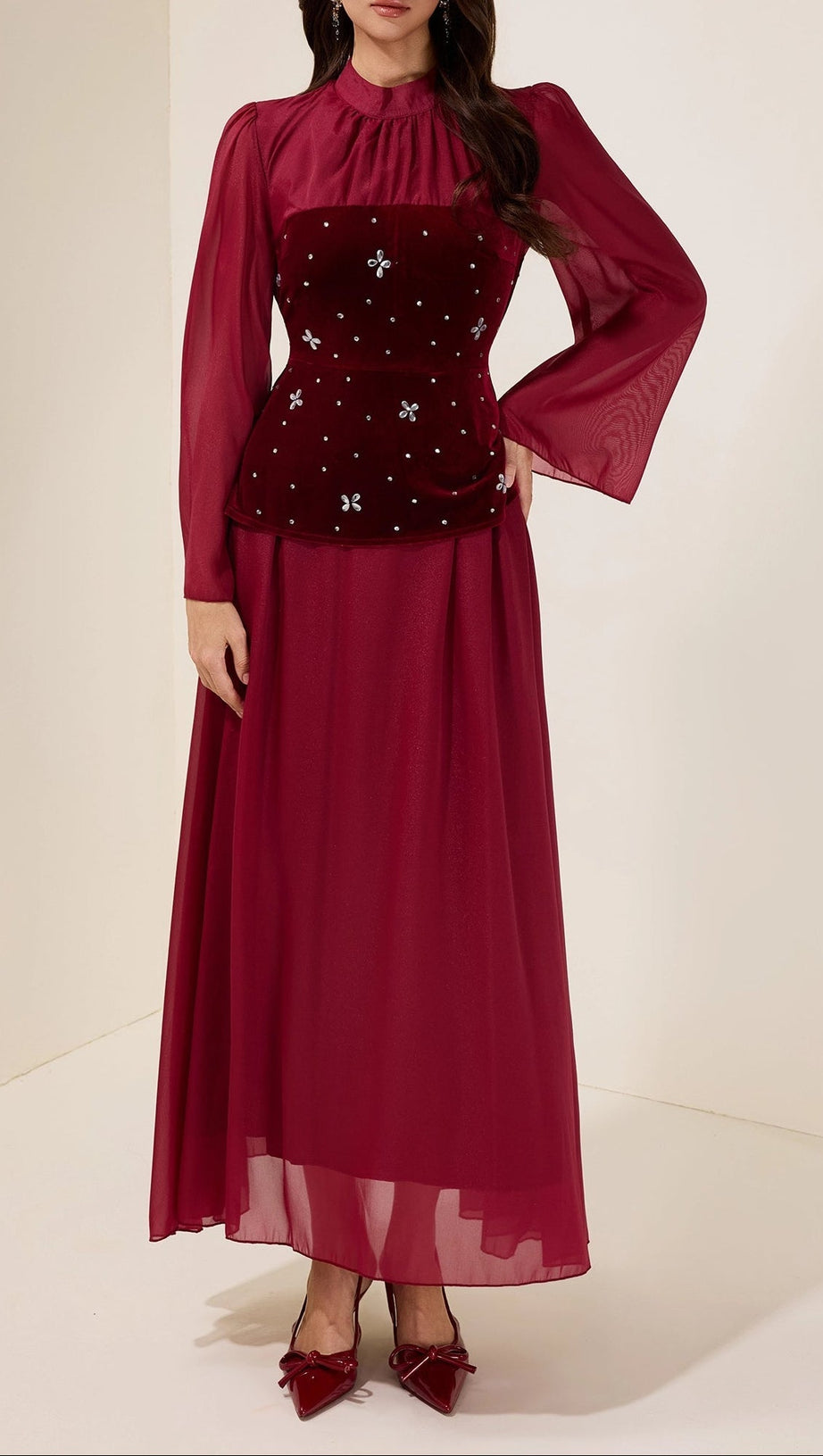 caroline Rhinestone Velvet Splicing Maxi Dress - burgundy