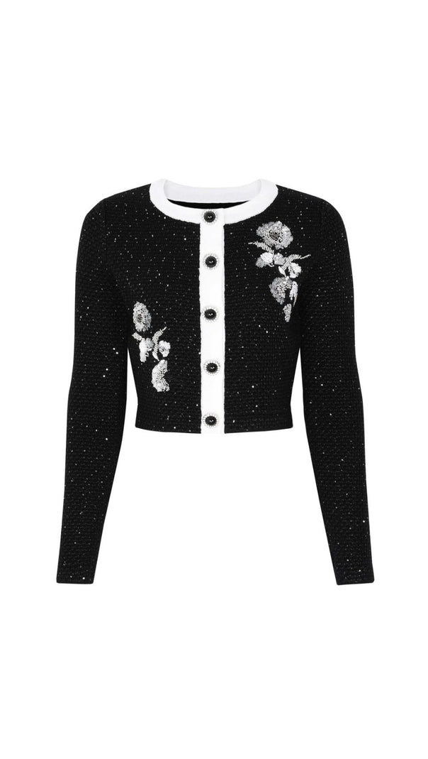 Chic Black Sparkle Tweed-Knit Cardigan & Pencil Skirt Set