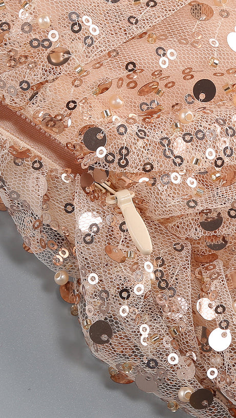 OFF-SHOULDER SEQUIN EMBROIDERED MINI DRESS IN NUDISTE