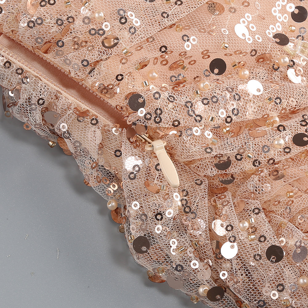 OFF-SHOULDER SEQUIN EMBROIDERED MINI DRESS IN NUDISTE