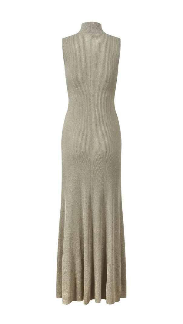 Juno Shimmer Ribbed Knit Maxi Dress | Mock Neck | Gold Buttons