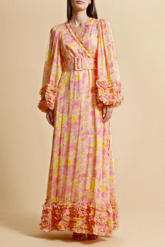 CHIFFON RUFFLED WRAP MAXI DRESS IN ORANGE