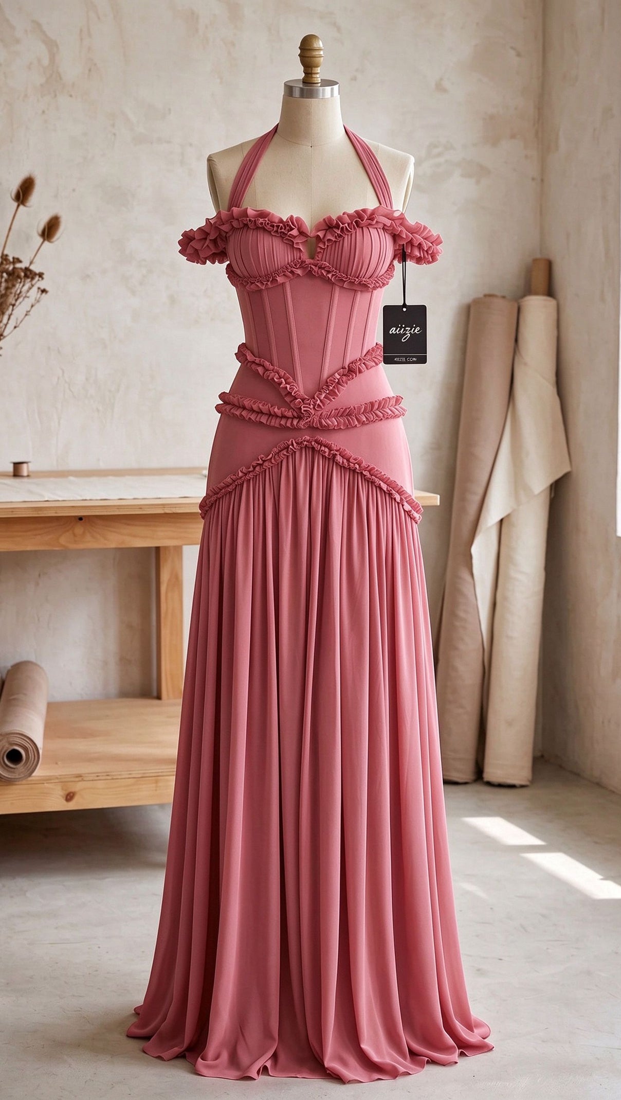 Dusty Rose Fitted Corset Gown with Tiered Ruffles and Halter Neck
