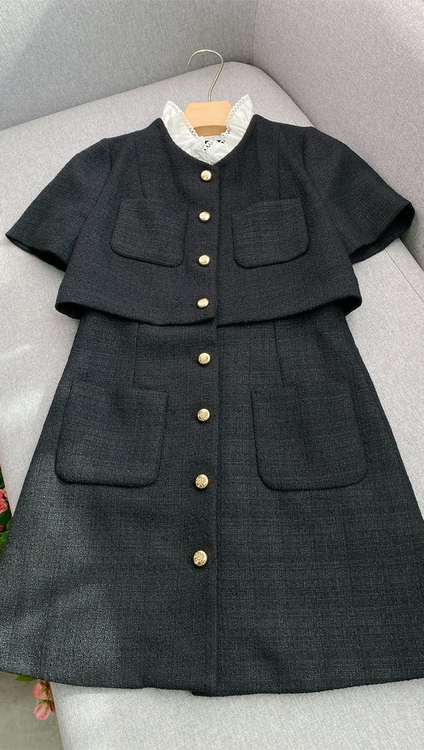 AIIZIE Elegant Black Tweed-Style Mini Dress | Removable Lace Collar & Gold Buttons - product image