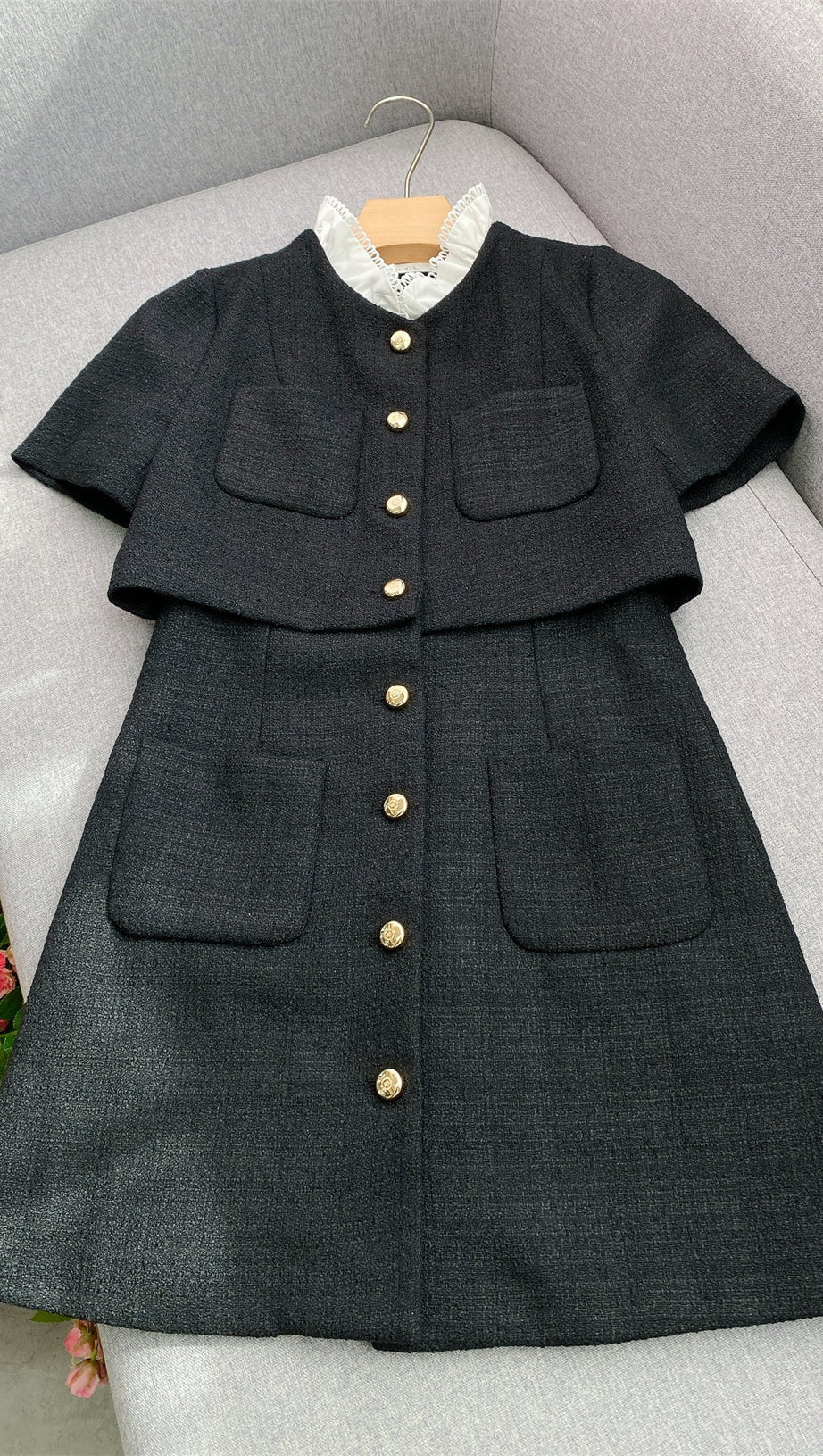 Elegant Black Tweed-Style Mini Dress | Removable Lace Collar & Gold Buttons