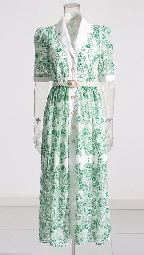 V NECK SPLICED BELTS EMBROIDERY MIDI DRESS IN GREEN